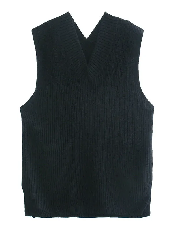 4 Colors V-Neck Simple Split-Side Sleeveless Knitted Vest