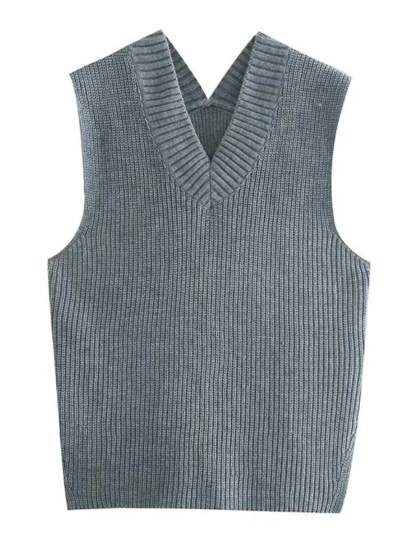 4 Colors V-Neck Simple Split-Side Sleeveless Knitted Vest