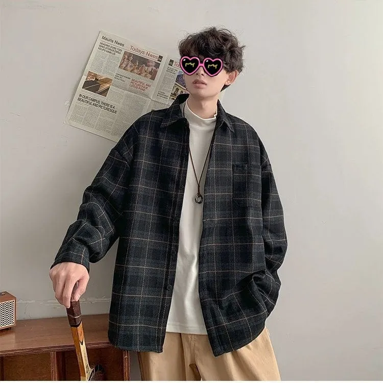 Advbridge fall mens outfits American Brushed Plaid Long-Sleeved Shirt Men's Spring and Autumn New Versatile Retro Coat Youth Loose Casual Shirt