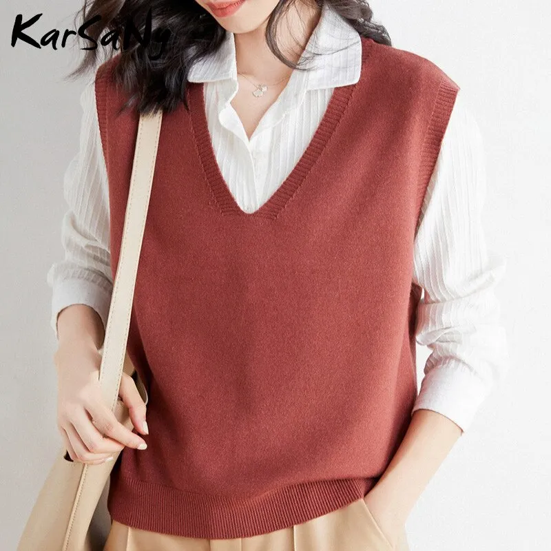 Back To School Insulated Vest For Women Solid Slim Green Sweater Sleeveless Knitted Vest Female V Neck Classic Tops Women's Fashion Vests 2022