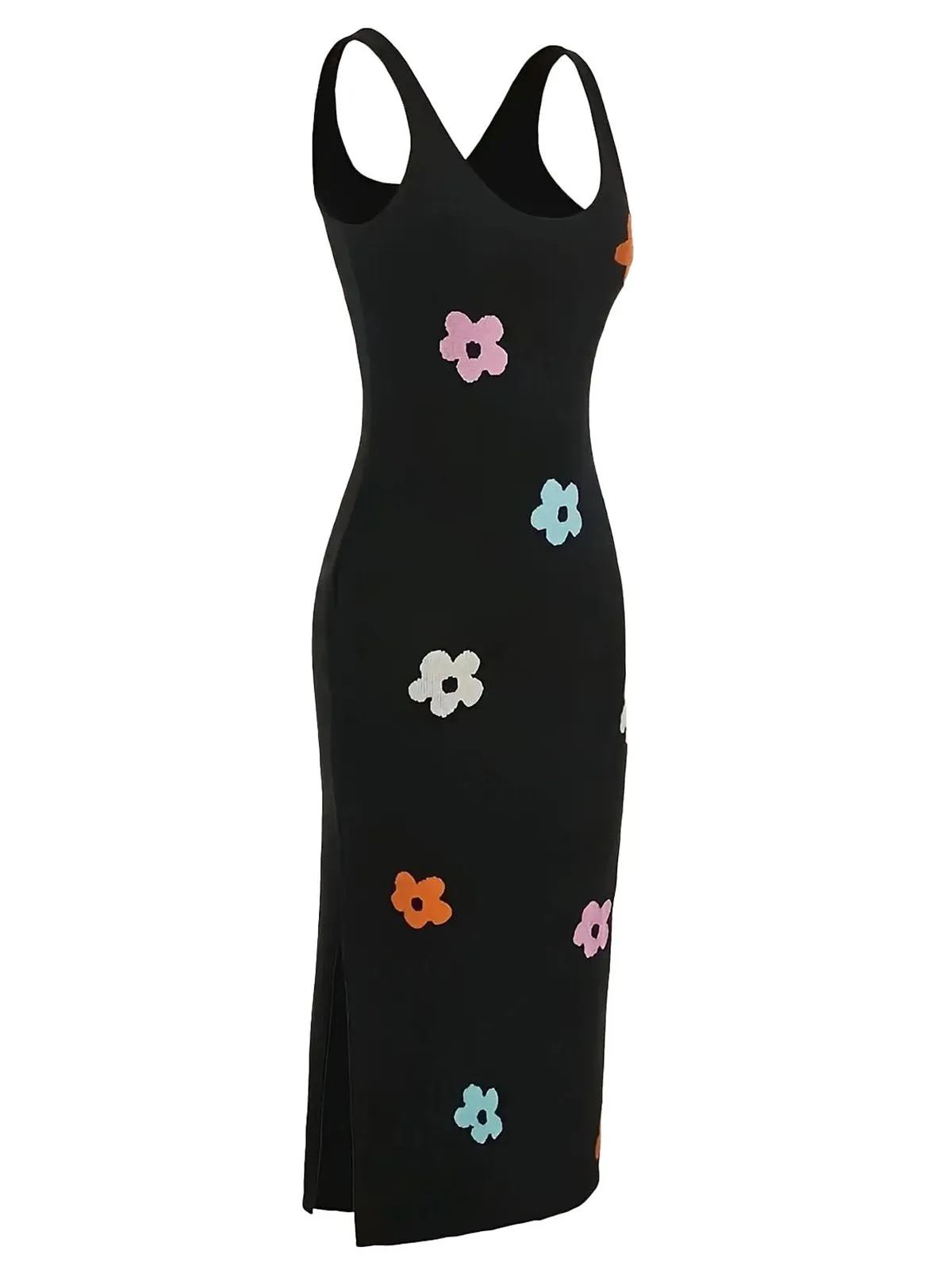 Black 1960s Knitted Round Neck Floral Vest Dress