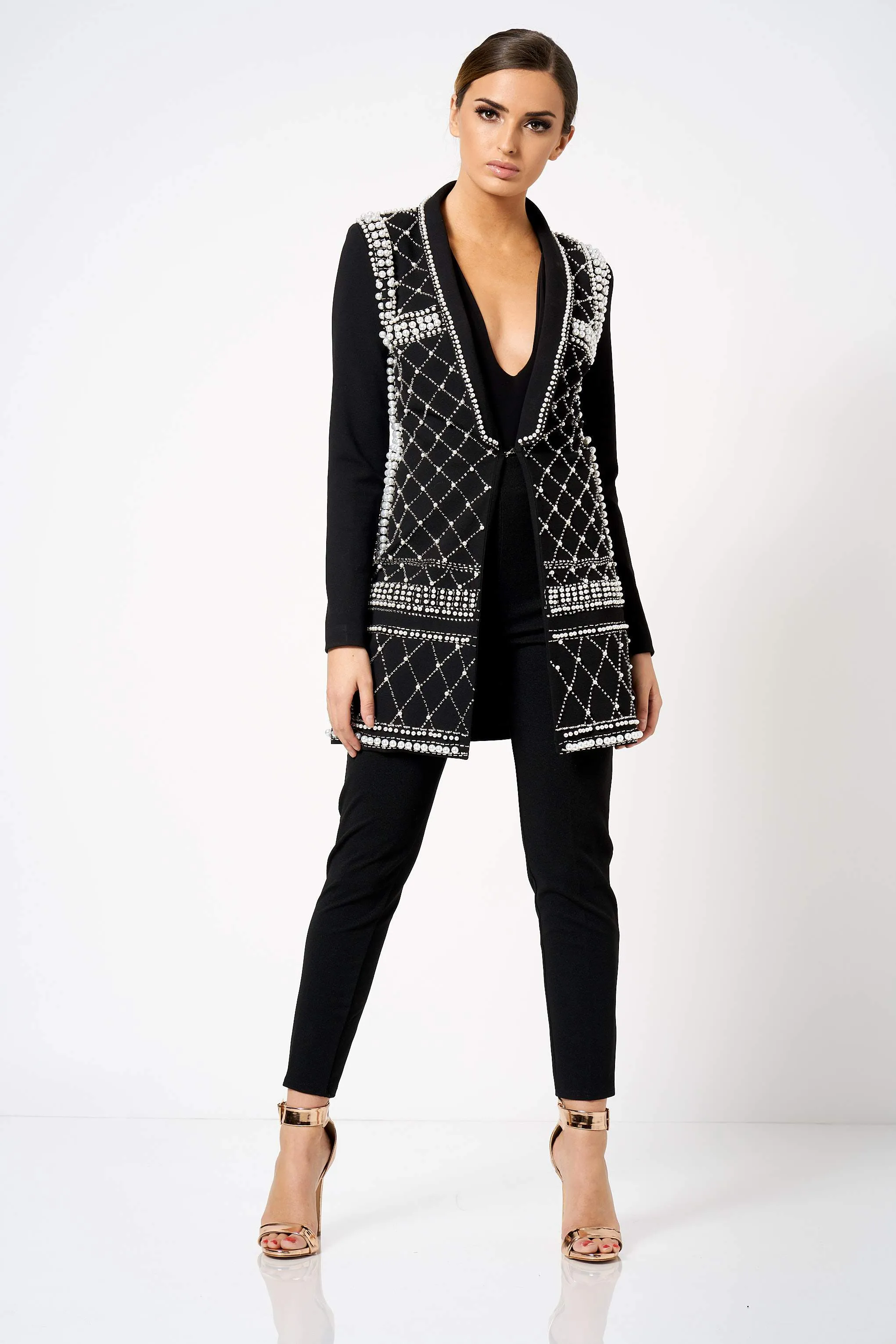 Black Pearl Embellished Long Line Blazer Jacket