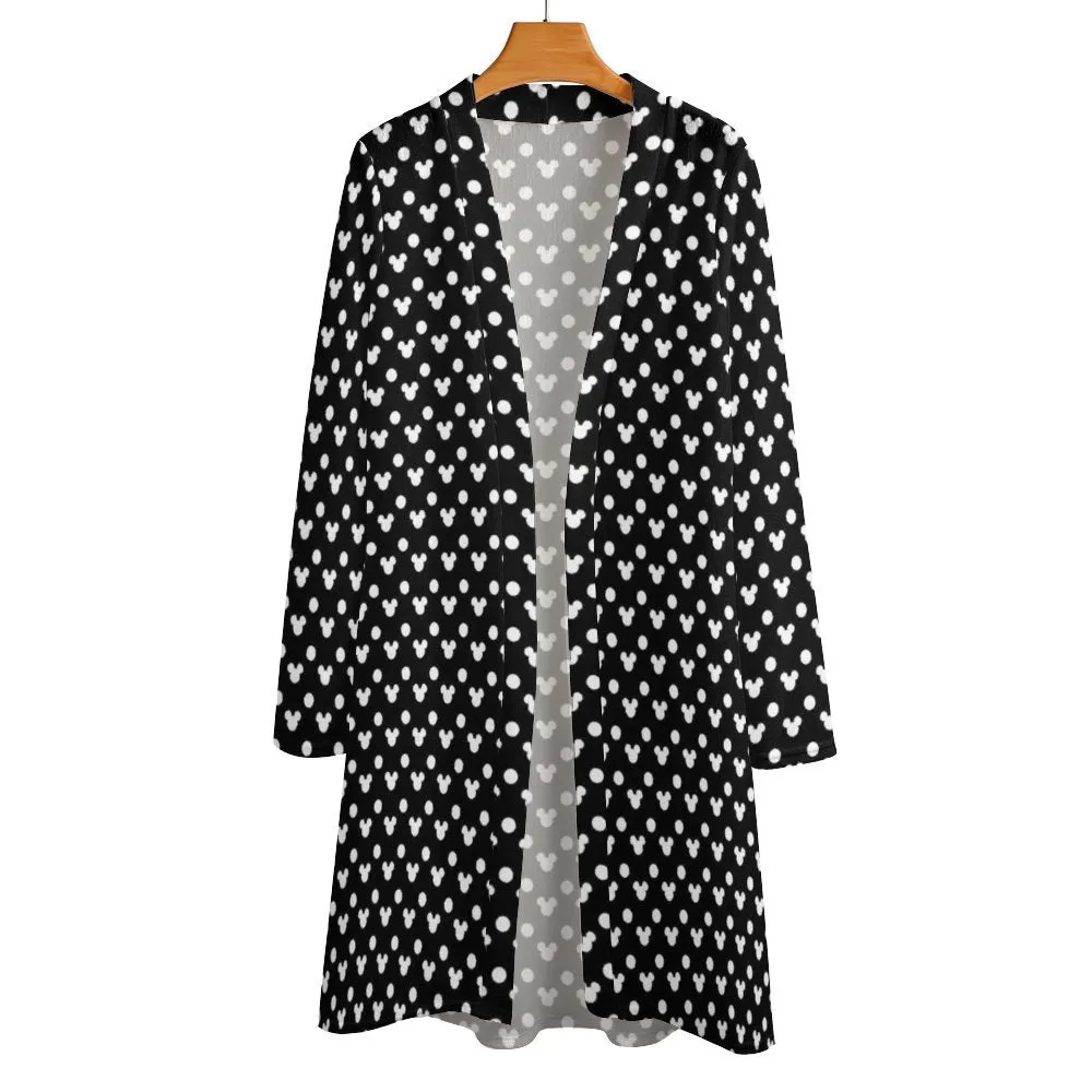 Black With White Mickey Polka Dots Women's Mid-Length Cardigan