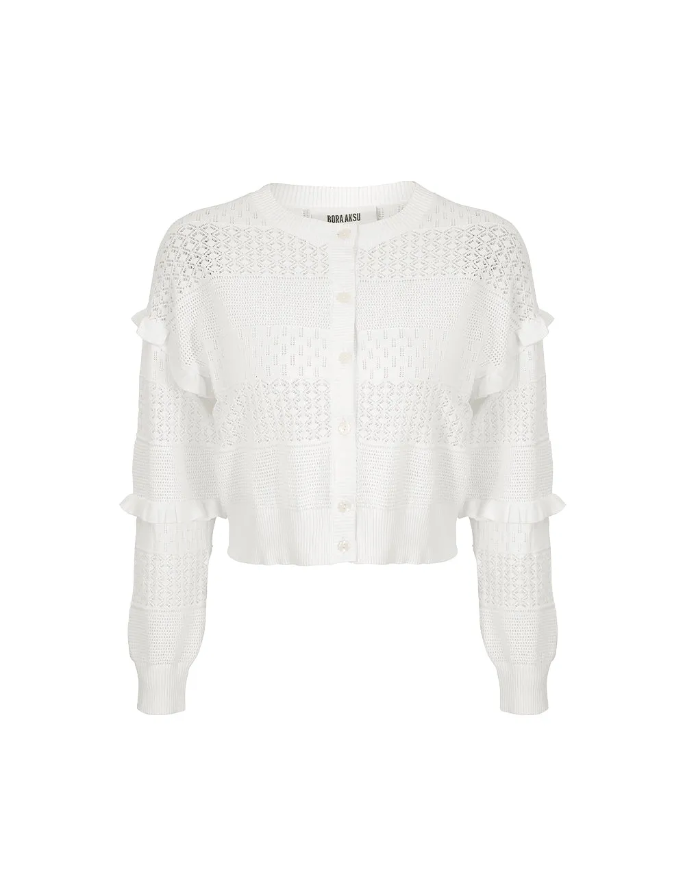 BORA AKSU French Cutout Crew Neck Ruffled Embellished Knitted Cardigan