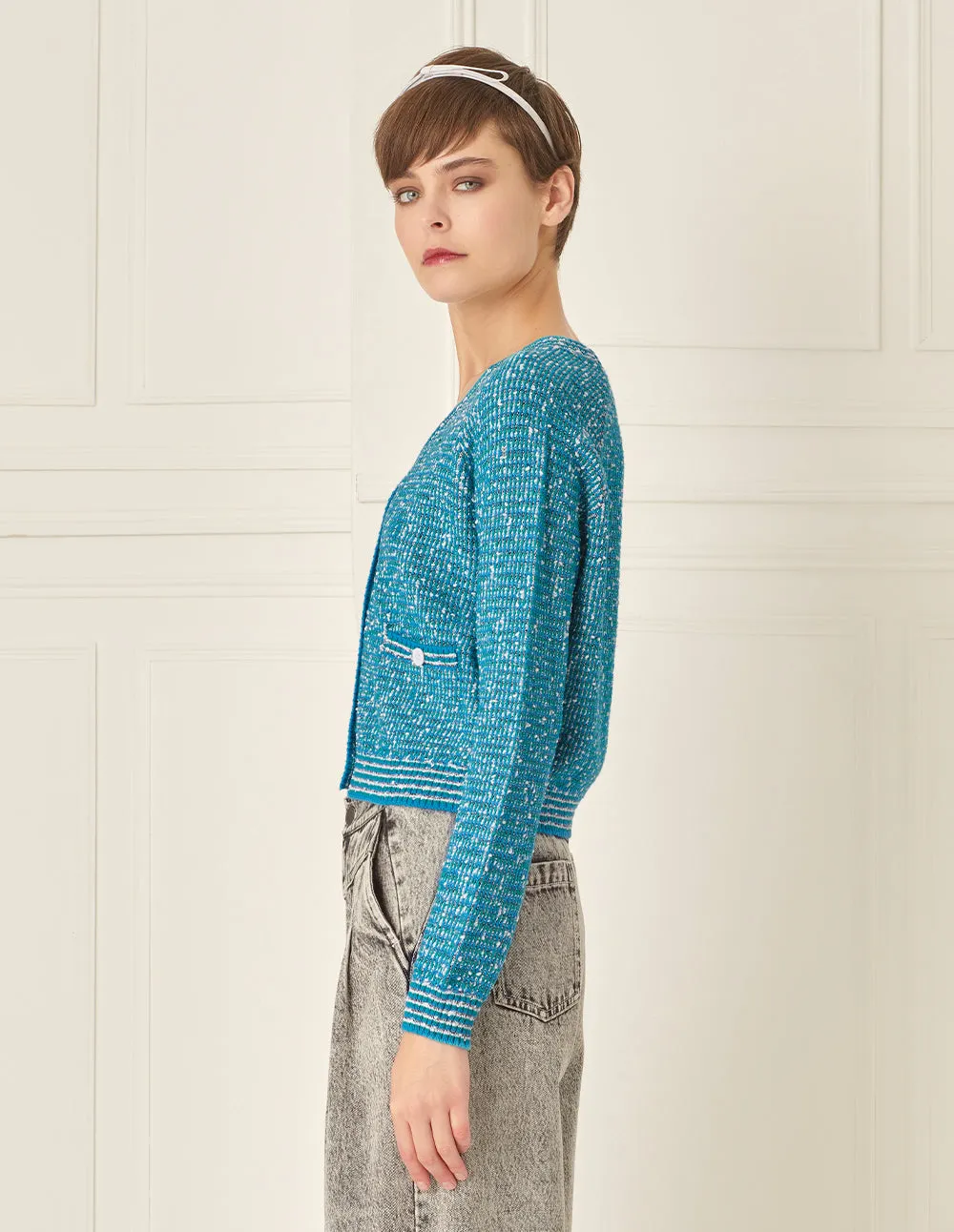 BORA AKSU Raglan Sleeve V-Neck Lake Blue Short Wool Knitted Cardigan