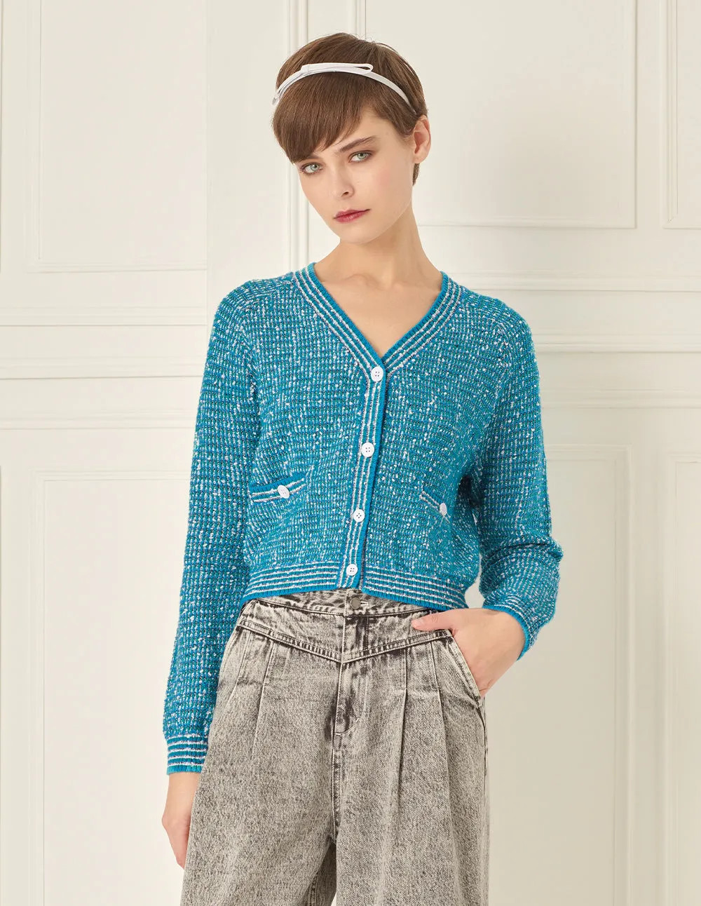 BORA AKSU Raglan Sleeve V-Neck Lake Blue Short Wool Knitted Cardigan