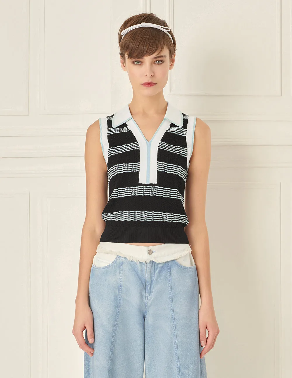 BORA AKSU Striped V-Neck Short Knitted Vest