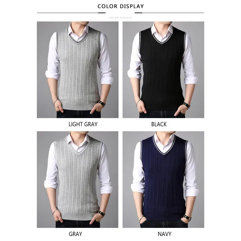 BROWON Men Clothes 2022 Autumn Winter New Classic Slim Sweaters V-neck Sleeveless Sweater Mens Knitwear Sweater Vest for Men