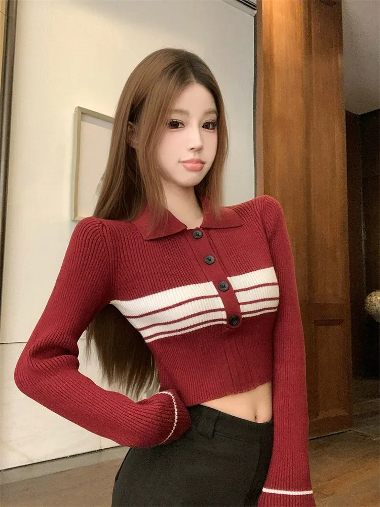 Burgundy contrast striped polo neck knit sweater long sleeve slim tight babes cropped base top