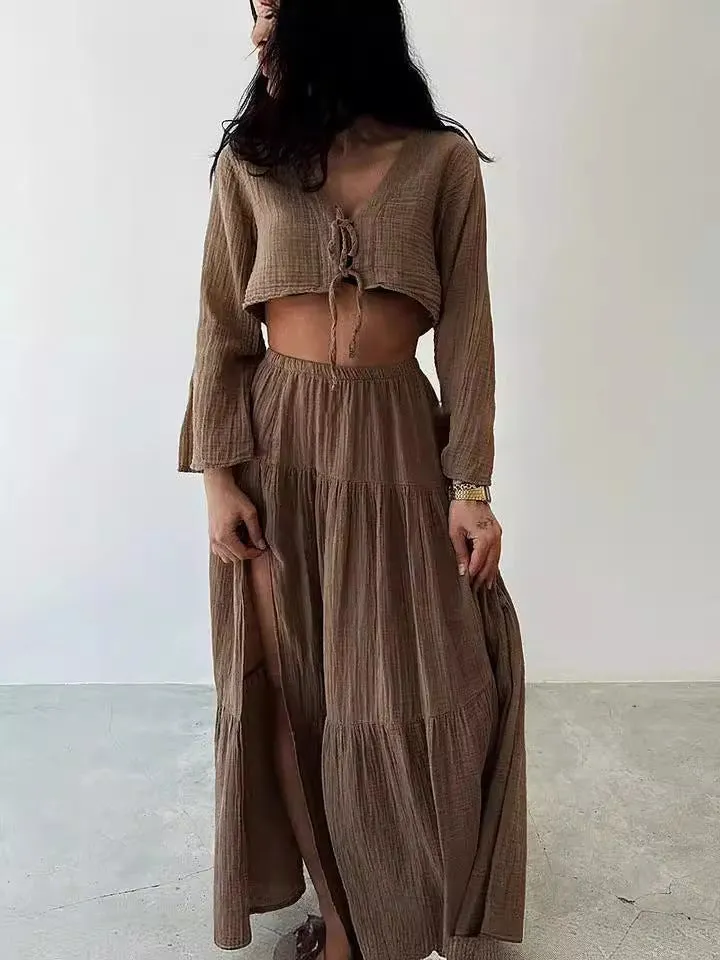 Cardigan V-neck Lace-up Slit Two-piece Suit