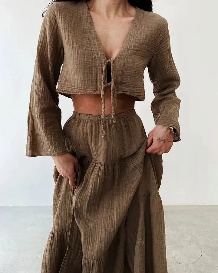 Cardigan V-neck Lace-up Slit Two-piece Suit