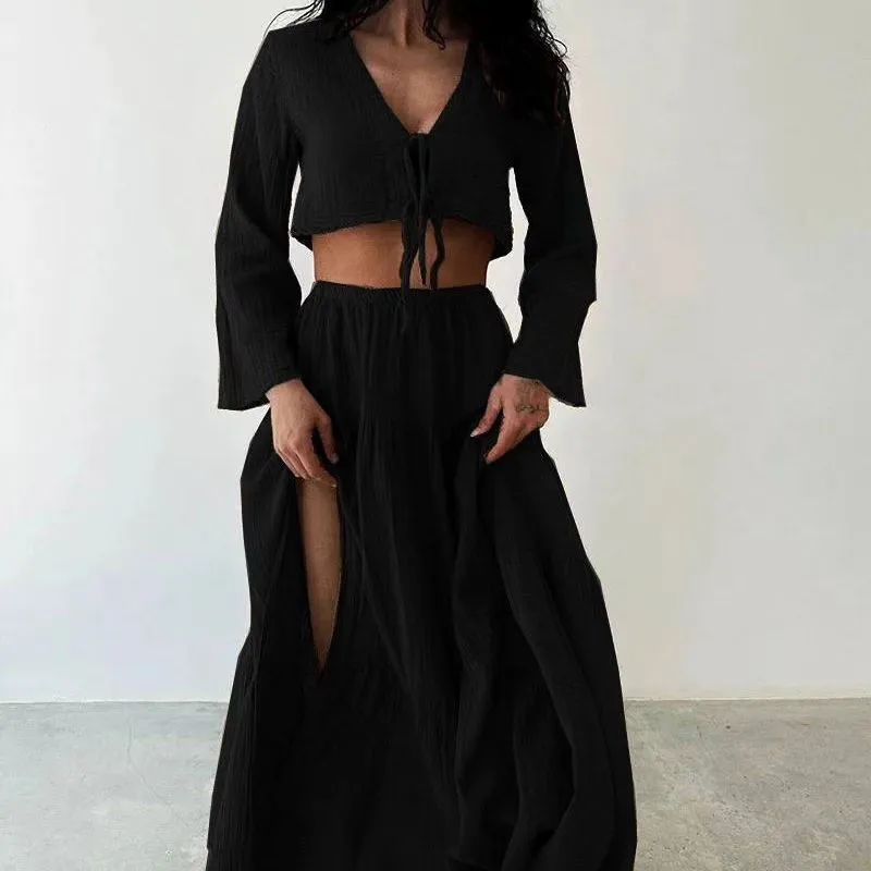 Cardigan V-neck Lace-up Slit Two-piece Suit