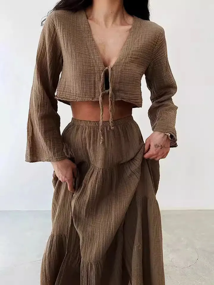 Cardigan V-neck Lace-up Slit Two-piece Suit