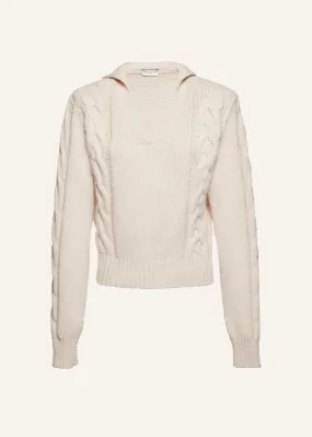 Cashmere cable knit polo sweater in cream