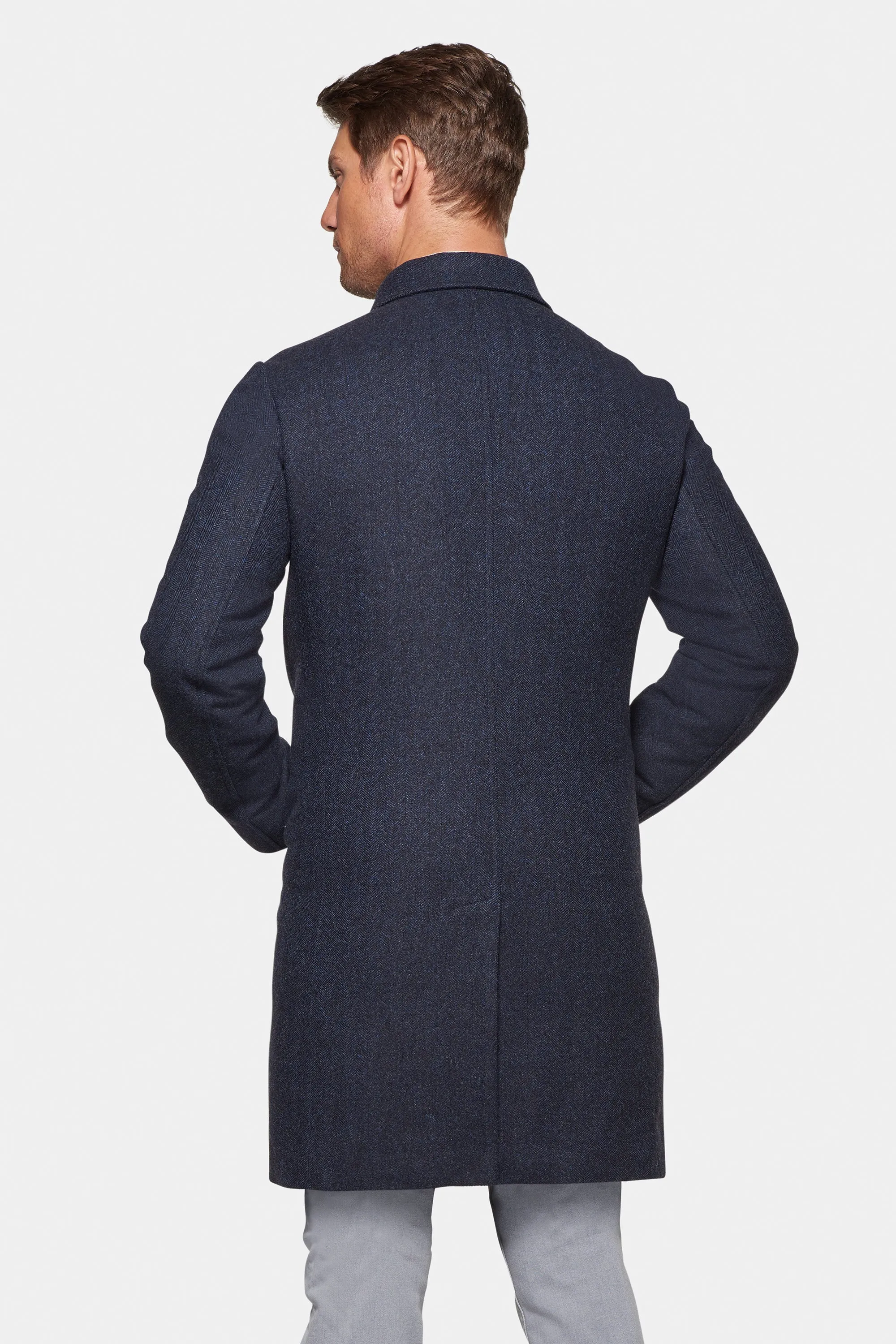 Cashmere Wool ¾ Length, British Blue Herringbone