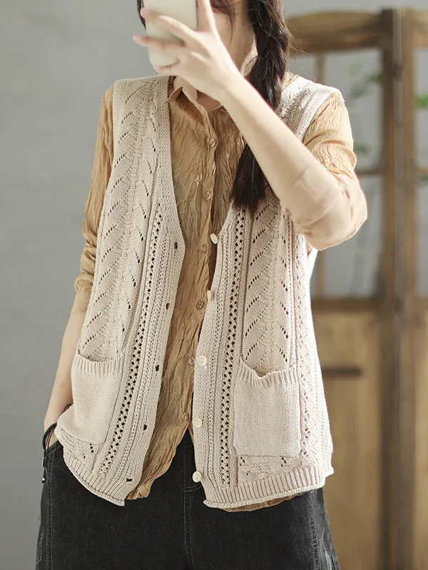 Casual Loose Sleeveless Buttoned Hollow Solid Color V-Neck Vest Outerwear