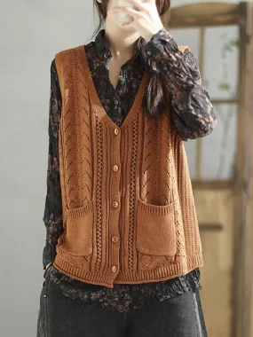 Casual Loose Sleeveless Buttoned Hollow Solid Color V-Neck Vest Outerwear