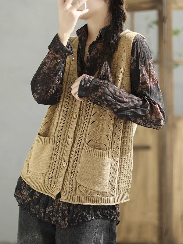 Casual Loose Sleeveless Buttoned Hollow Solid Color V-Neck Vest Outerwear