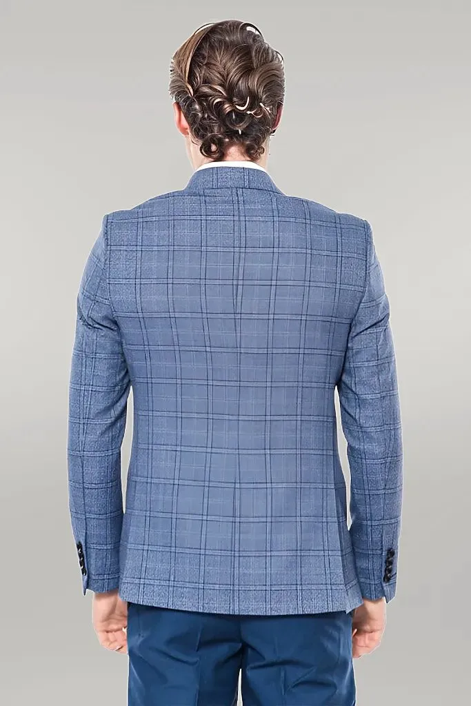 Checked Slim-Fit Single Button Blue Men Blazer - Wessi