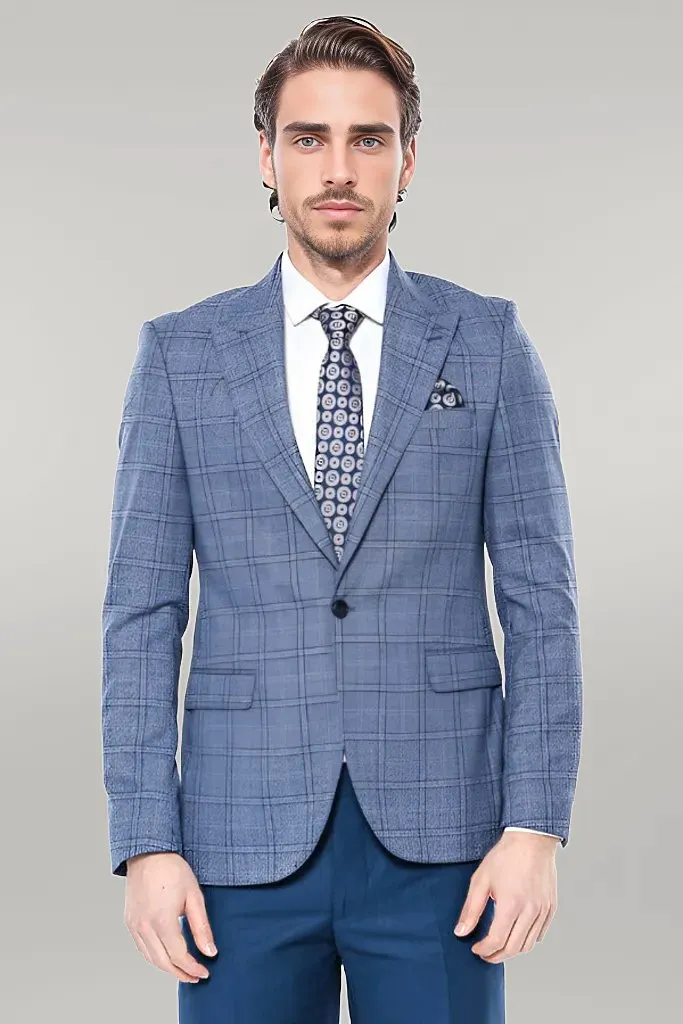 Checked Slim-Fit Single Button Blue Men Blazer - Wessi