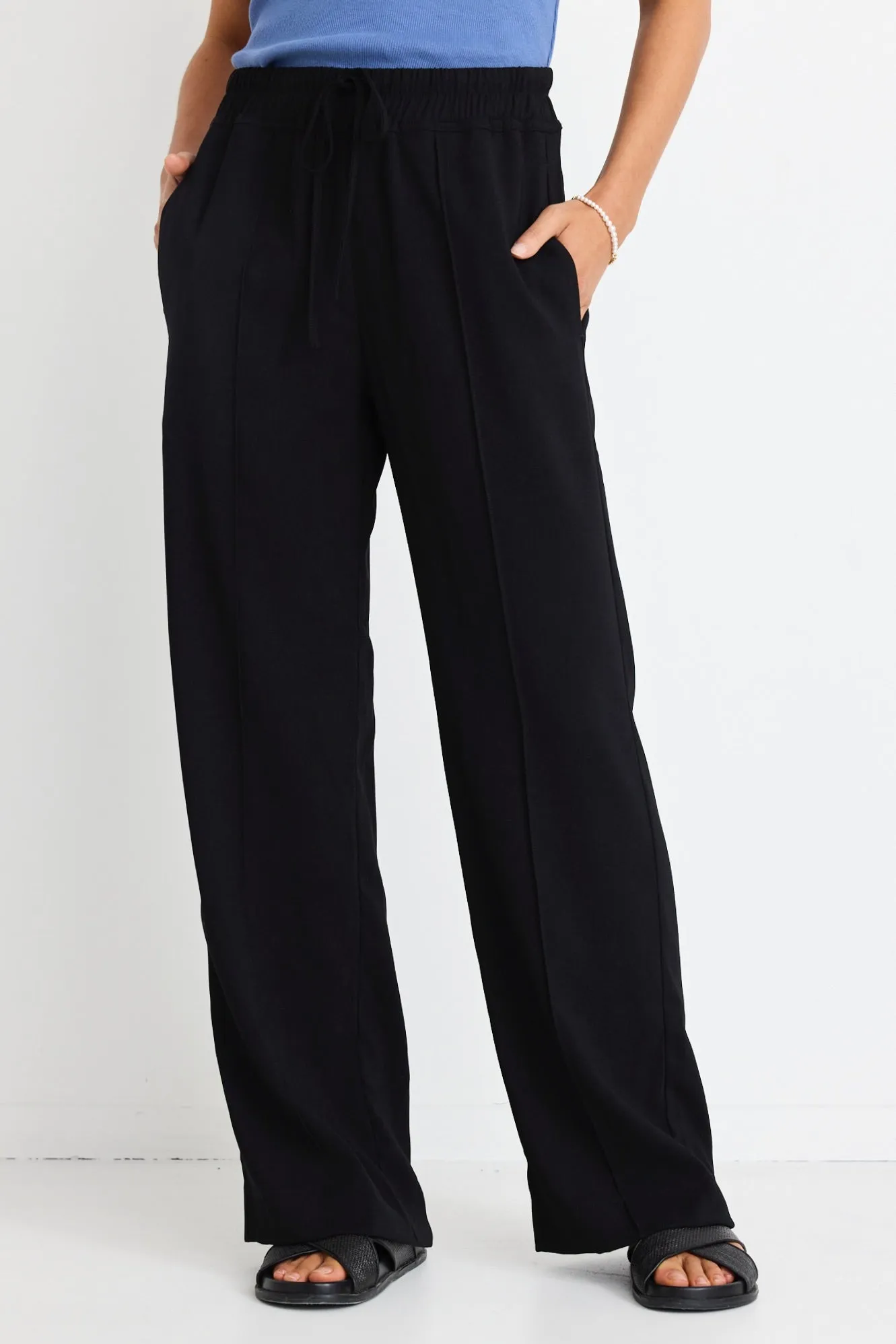 Civic Black Crepe Pintuck Leg Wide Pants