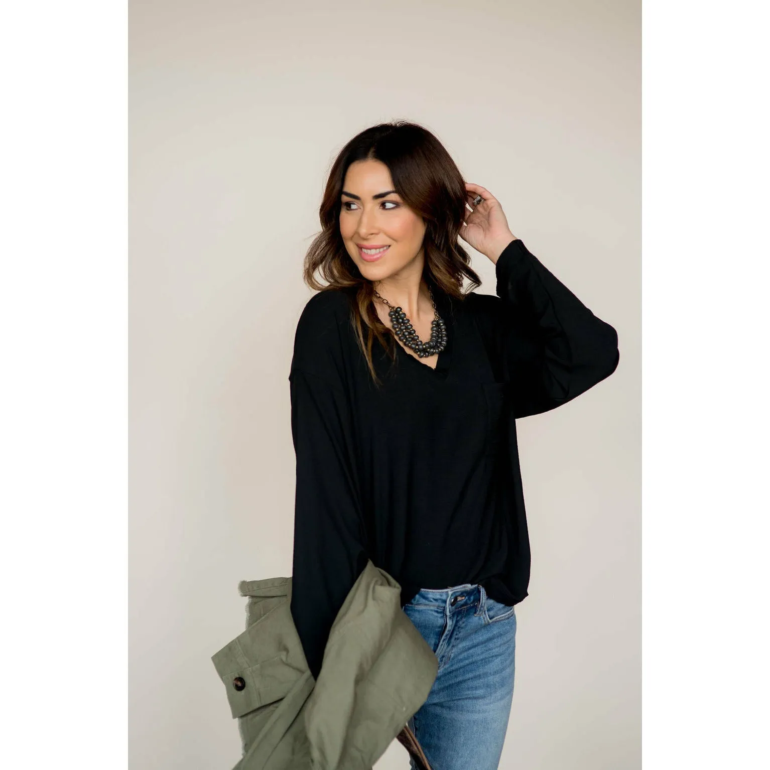 Classy V-Neck Trim Pocket Loose Sleeve Blouse