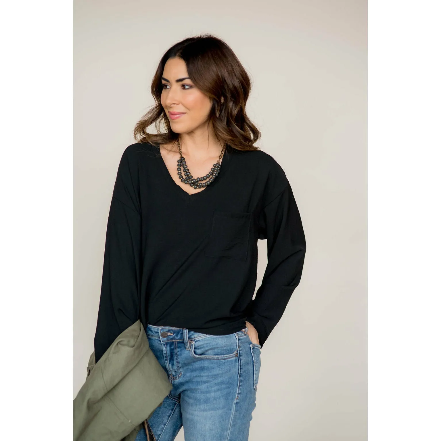 Classy V-Neck Trim Pocket Loose Sleeve Blouse