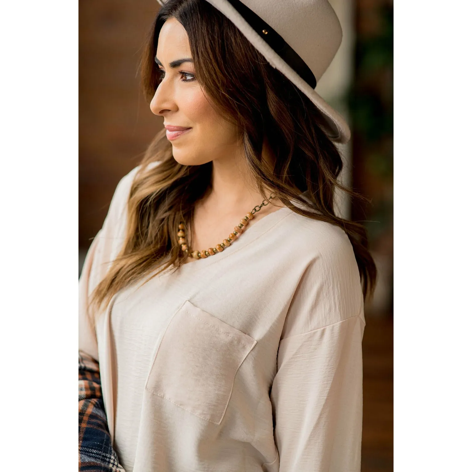 Classy V-Neck Trim Pocket Loose Sleeve Blouse