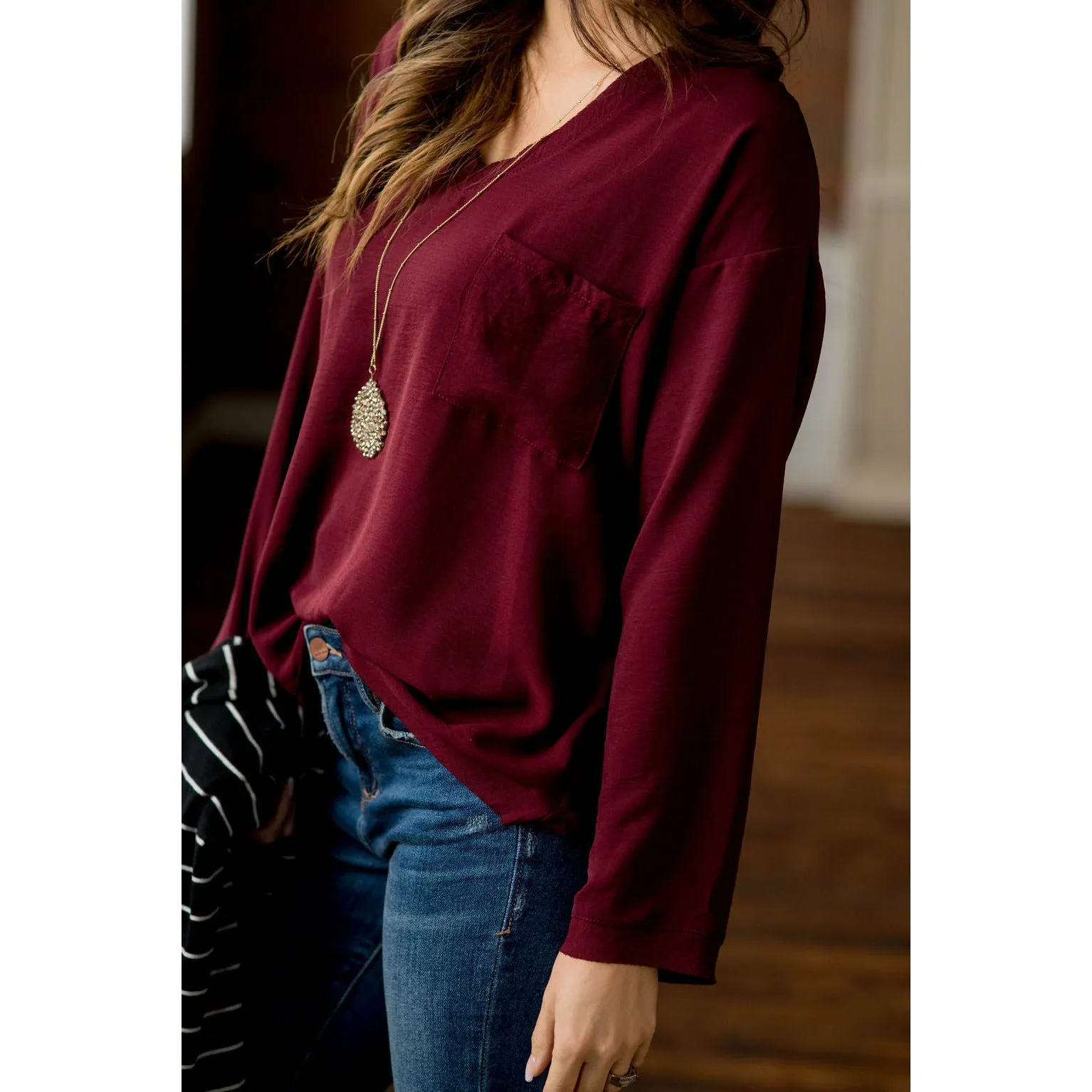 Classy V-Neck Trim Pocket Loose Sleeve Blouse