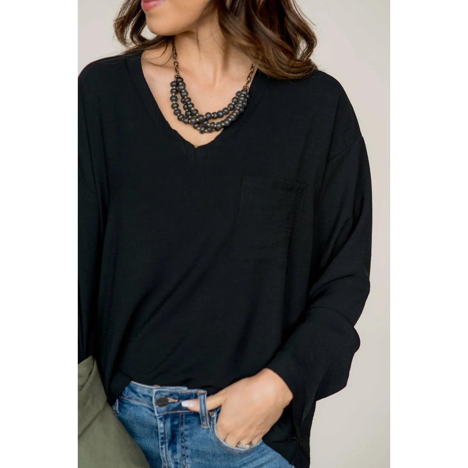 Classy V-Neck Trim Pocket Loose Sleeve Blouse