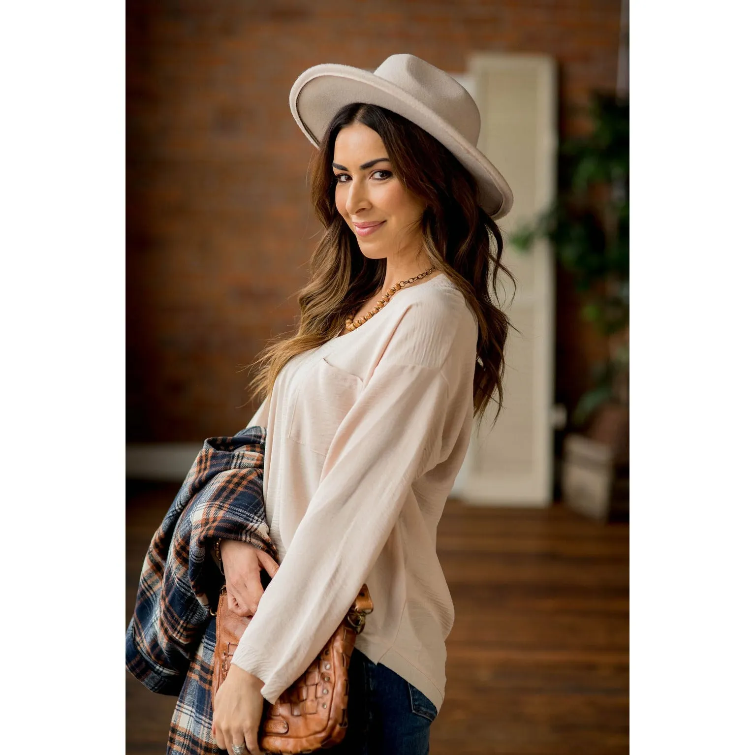 Classy V-Neck Trim Pocket Loose Sleeve Blouse