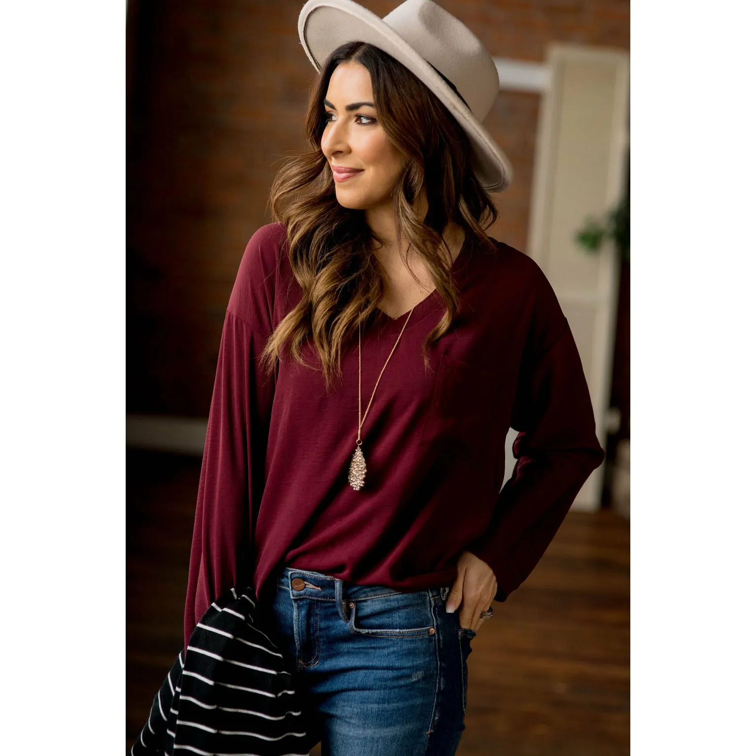 Classy V-Neck Trim Pocket Loose Sleeve Blouse