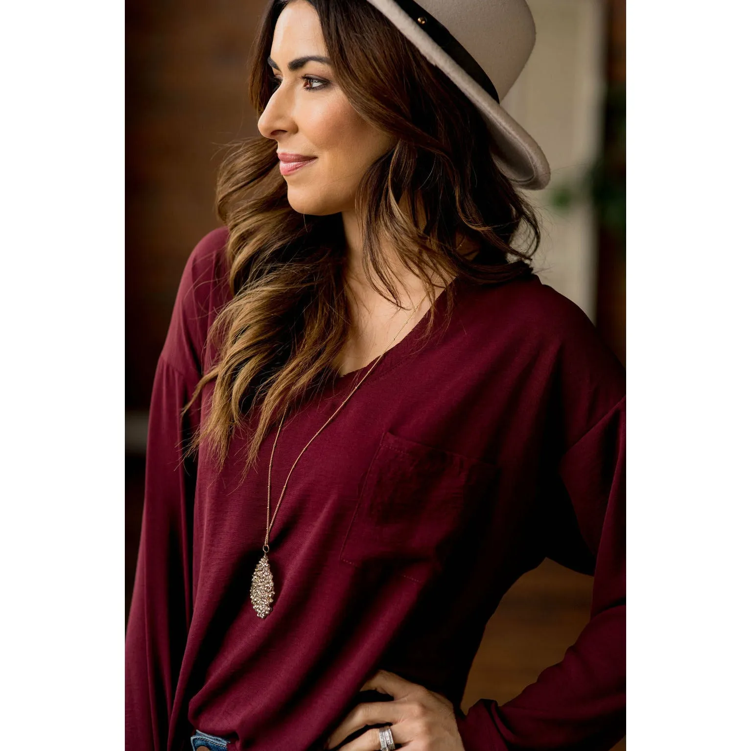 Classy V-Neck Trim Pocket Loose Sleeve Blouse