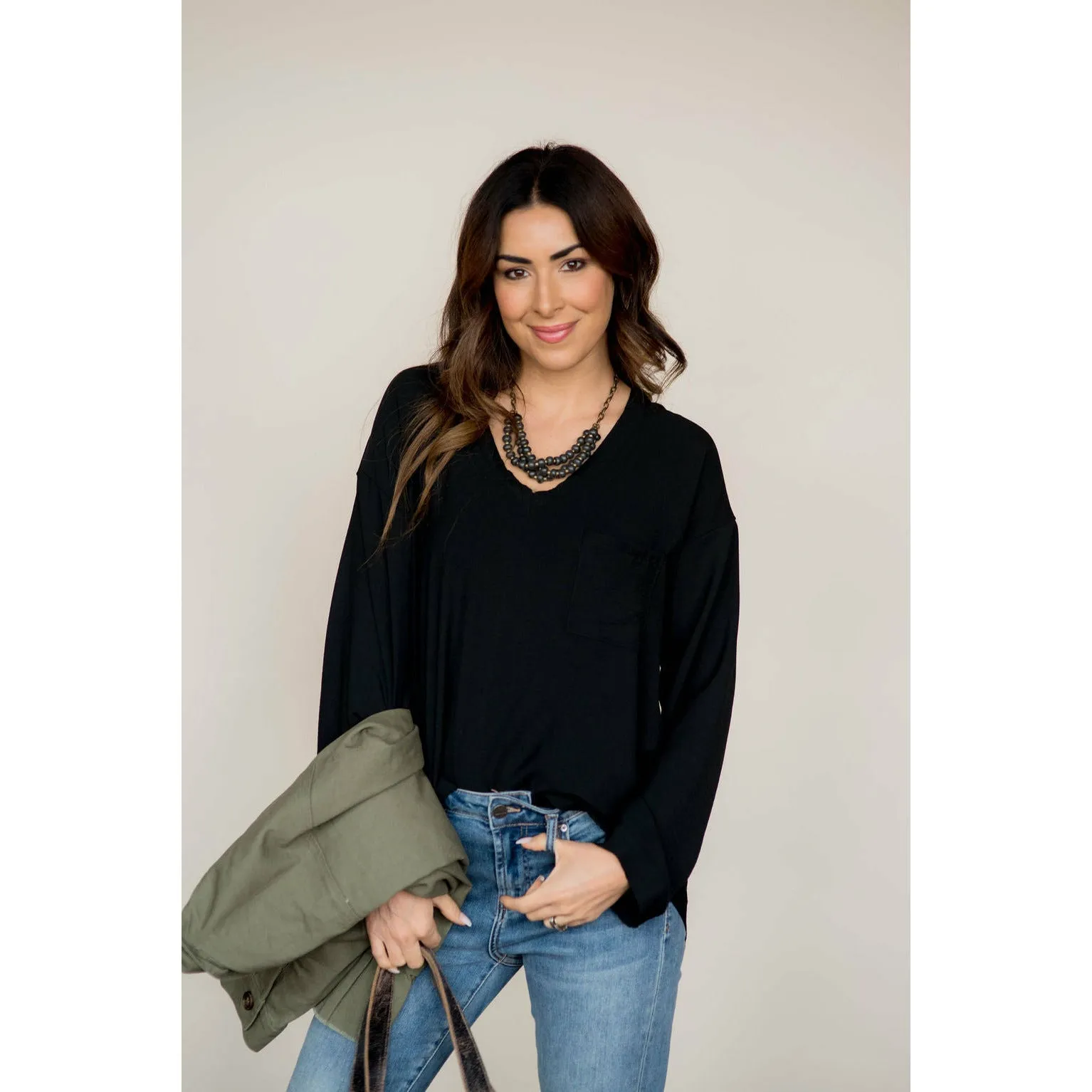 Classy V-Neck Trim Pocket Loose Sleeve Blouse