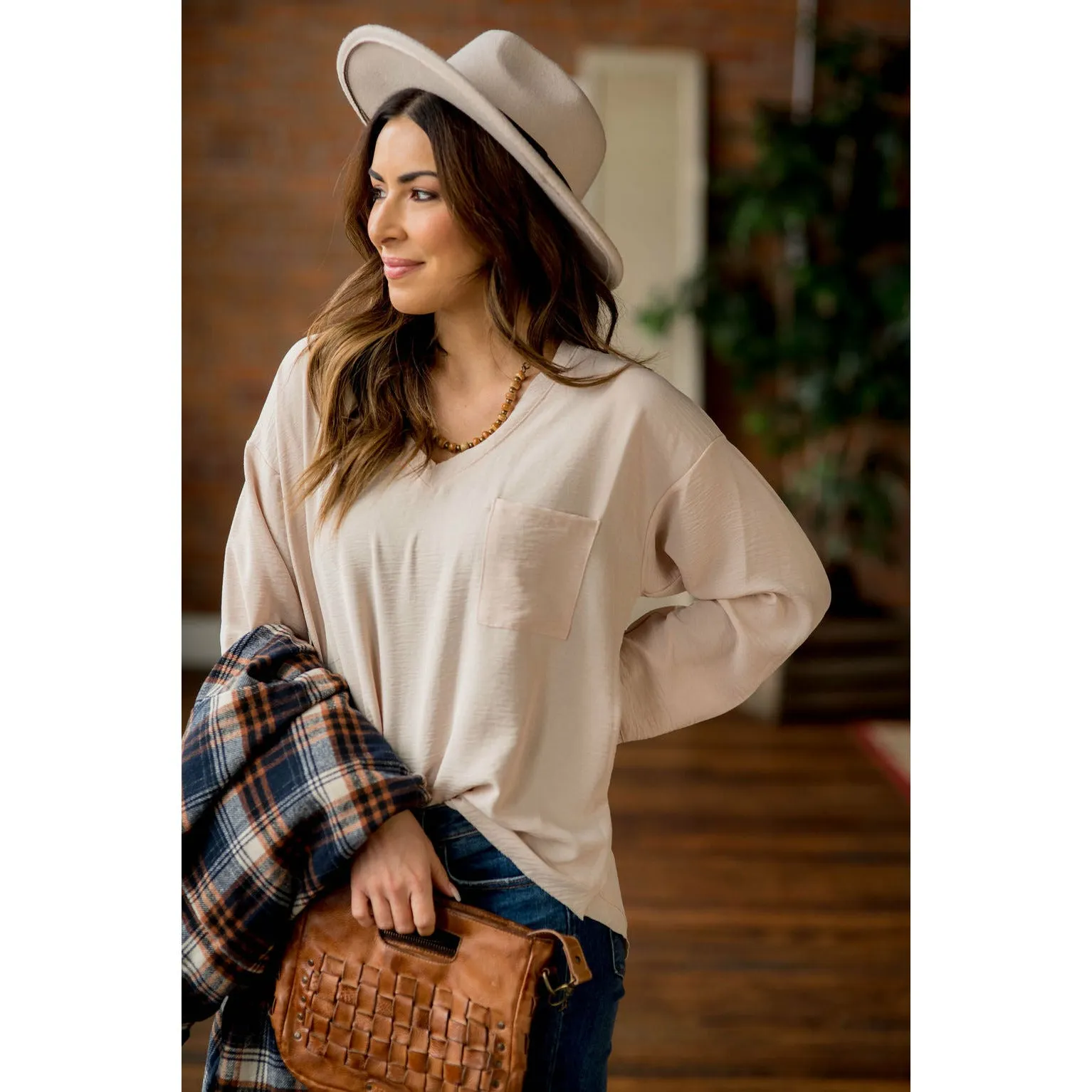 Classy V-Neck Trim Pocket Loose Sleeve Blouse