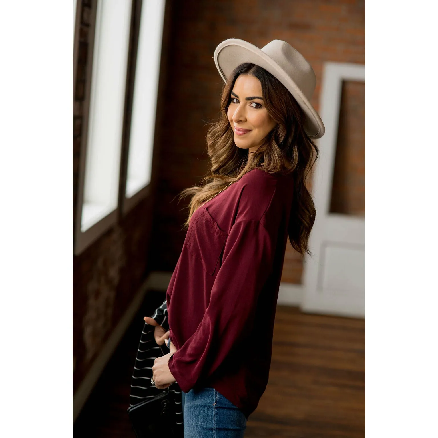 Classy V-Neck Trim Pocket Loose Sleeve Blouse