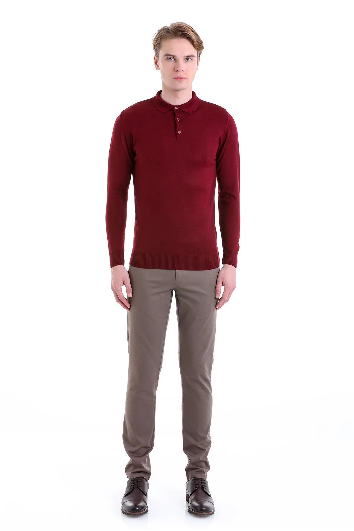 Comfort Fit Wool Blend Burgundy Polo Sweater