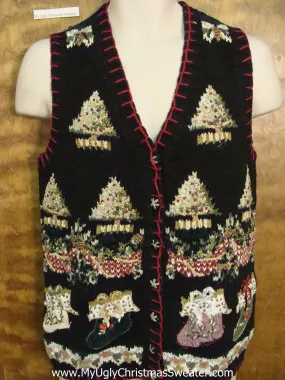 Corny Black Christmas Sweater Vest with Ornate Trees