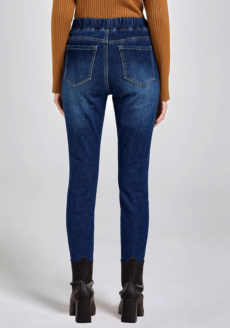 Dark Blue Women's High Waisted Fleece Lined Thermal Skinny Denim Pants