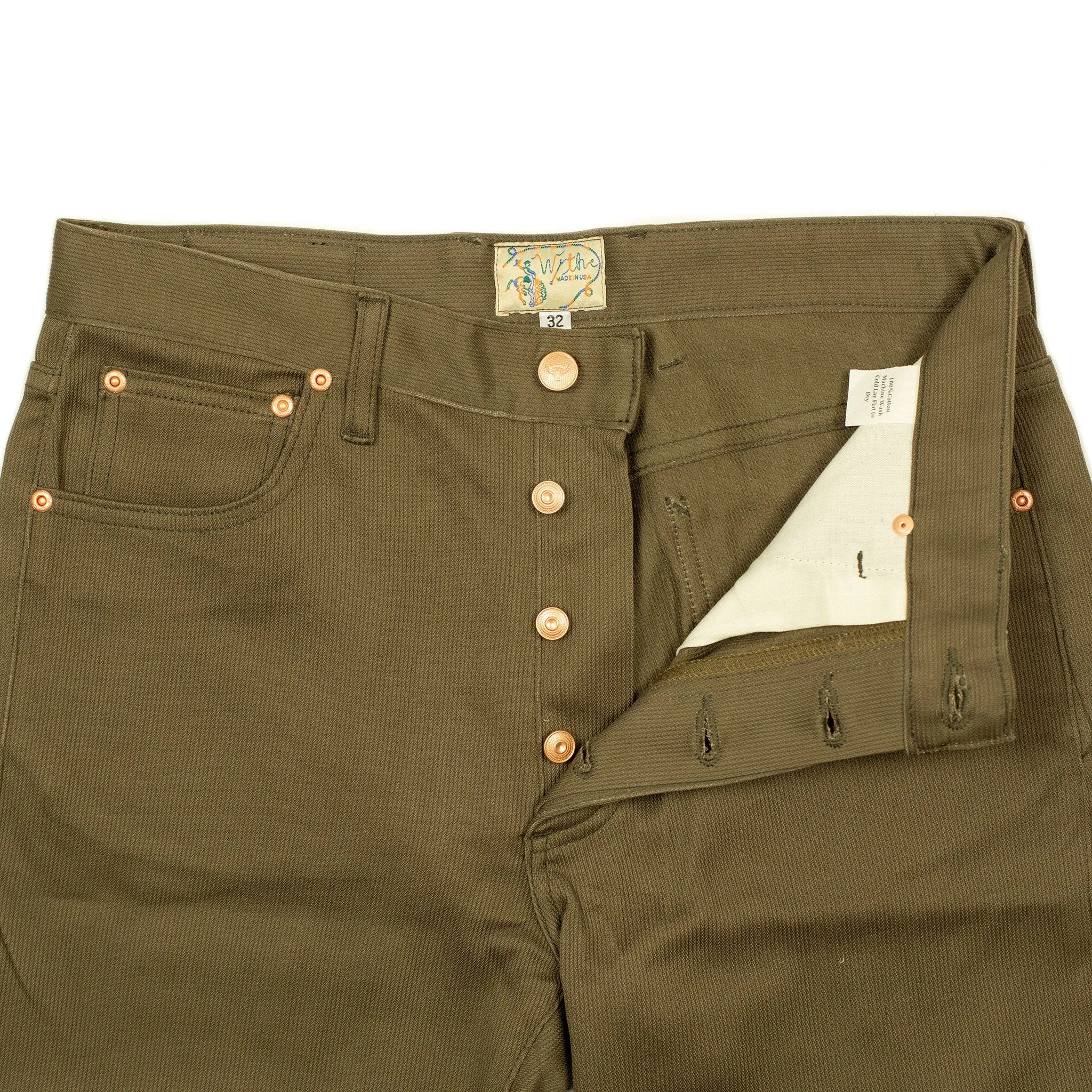 Five pocket pants in faded olive Japanese bedford cord