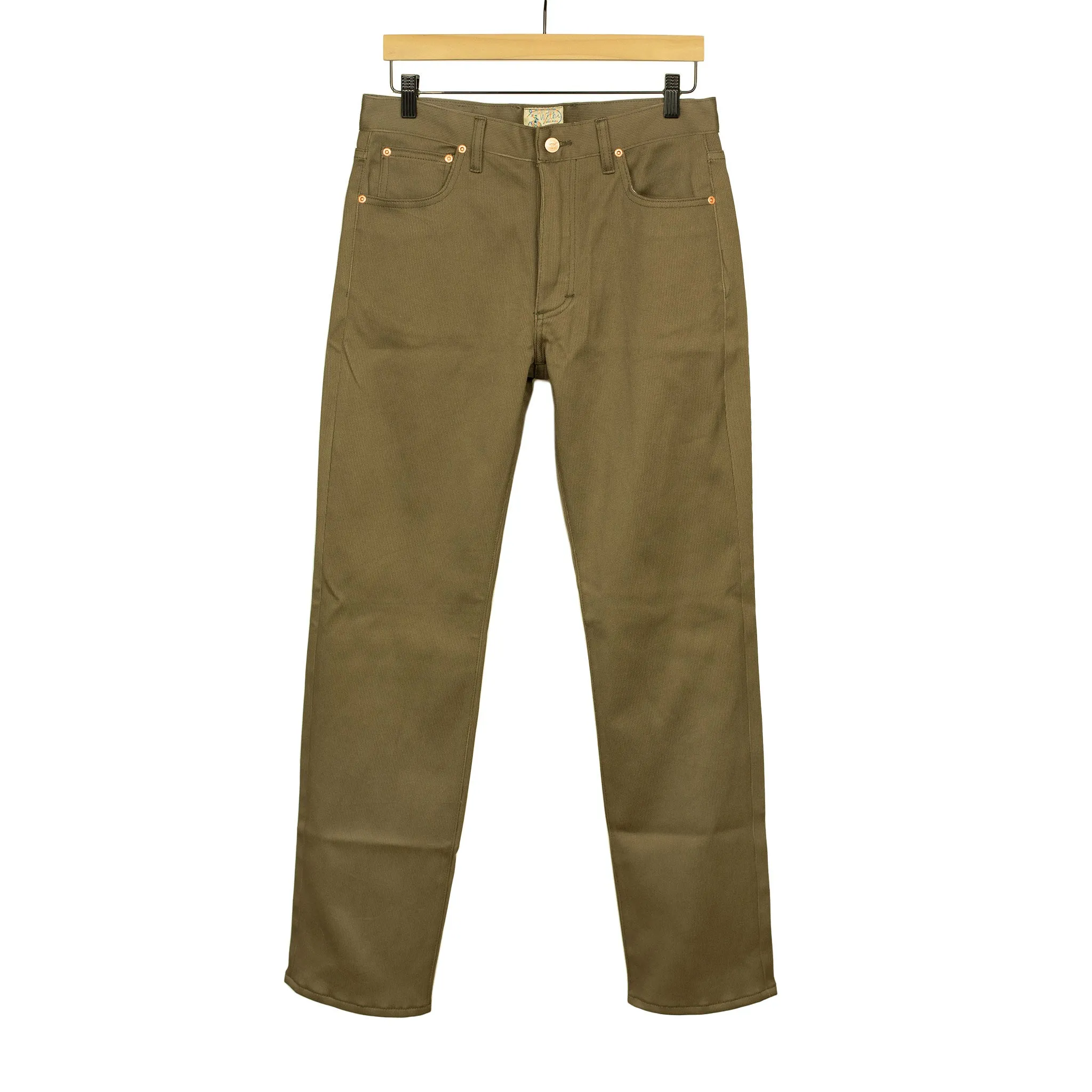 Five pocket pants in faded olive Japanese bedford cord