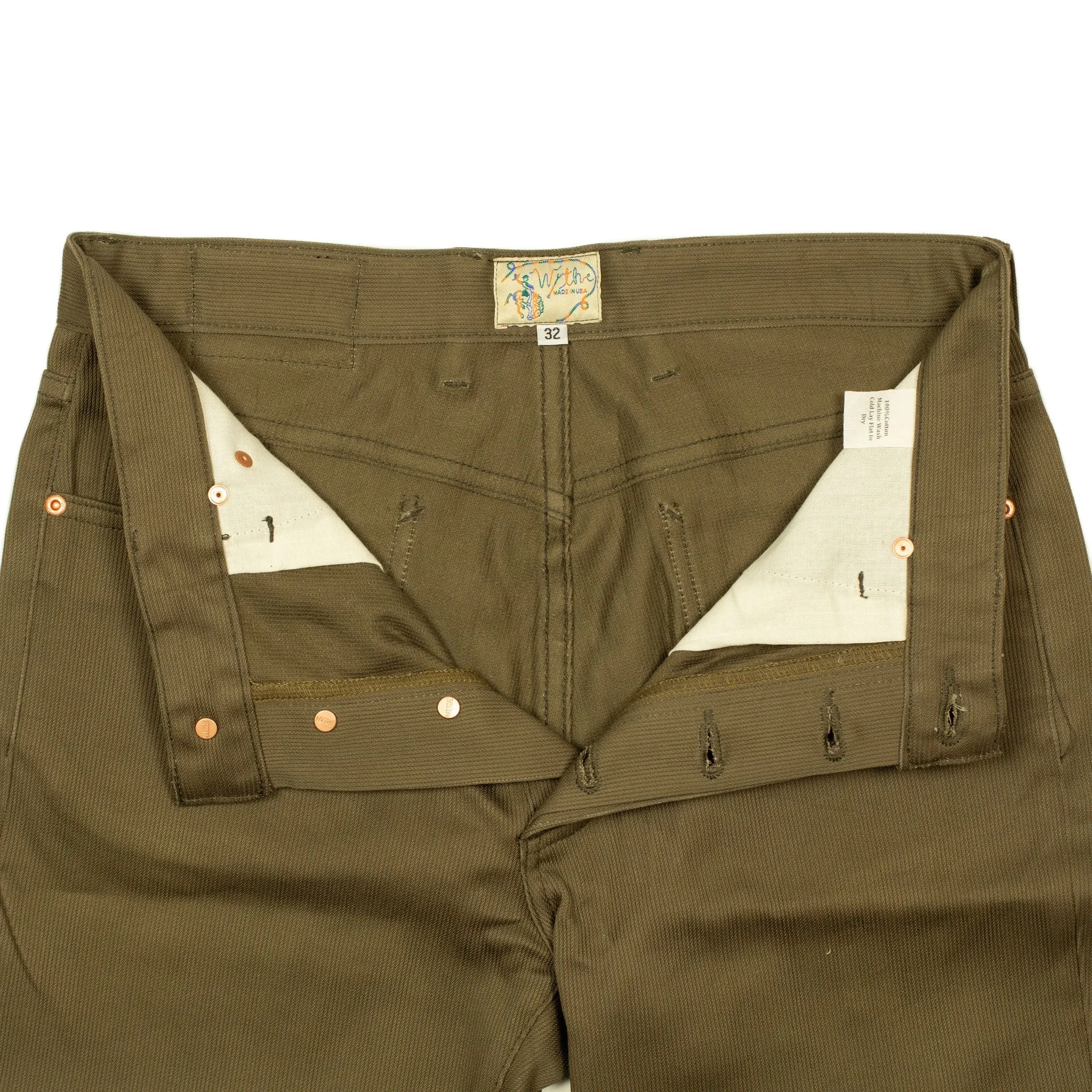 Five pocket pants in faded olive Japanese bedford cord