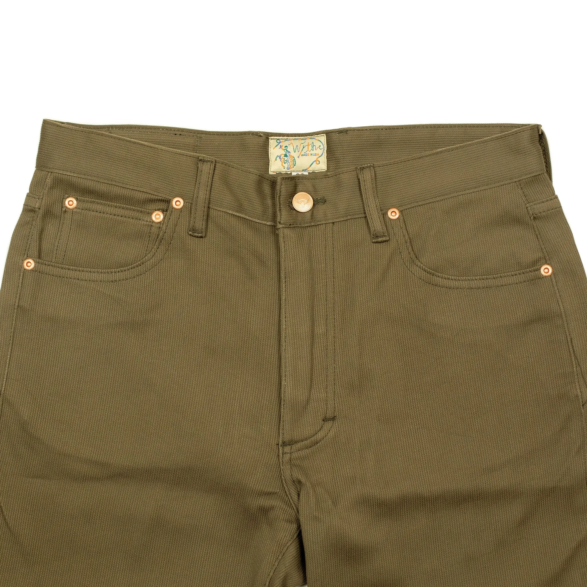 Five pocket pants in faded olive Japanese bedford cord