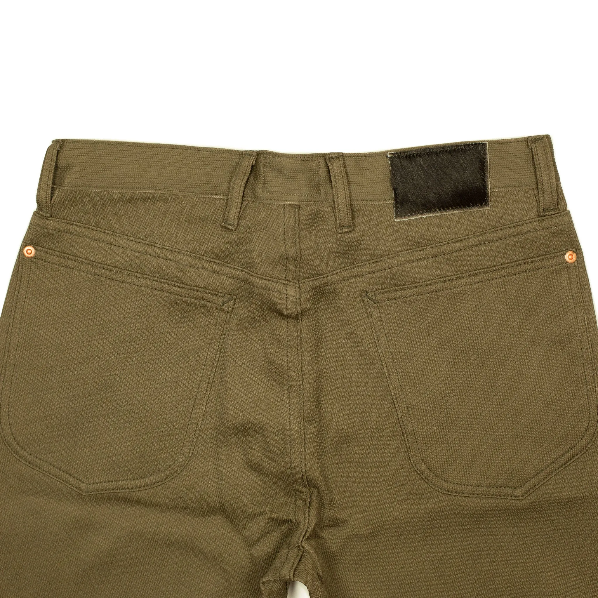 Five pocket pants in faded olive Japanese bedford cord