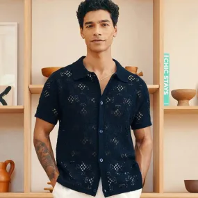 FRESCOBAL CARIOCA Crochet Button Shirt NAVY