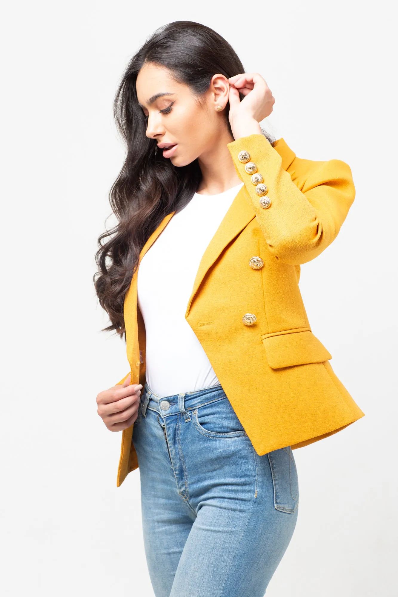 GOLD BUTTON TEXTURED BLAZER MUSTARD ORANGE