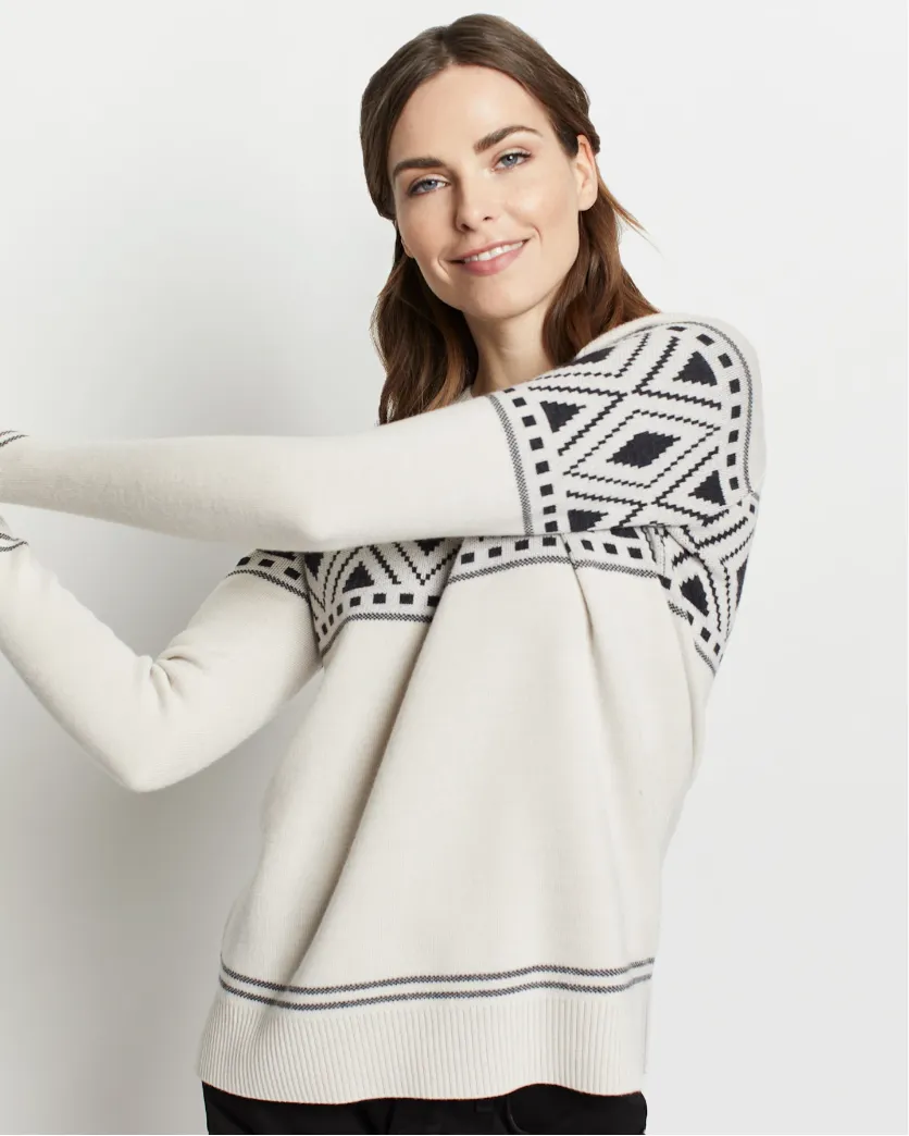 Graphic Merino CrewneckSweater<br>Ivory/Charcoal