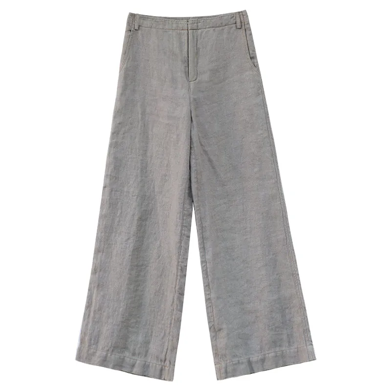 Gray Women Casual Wide Leg Linen Pants BZ981107