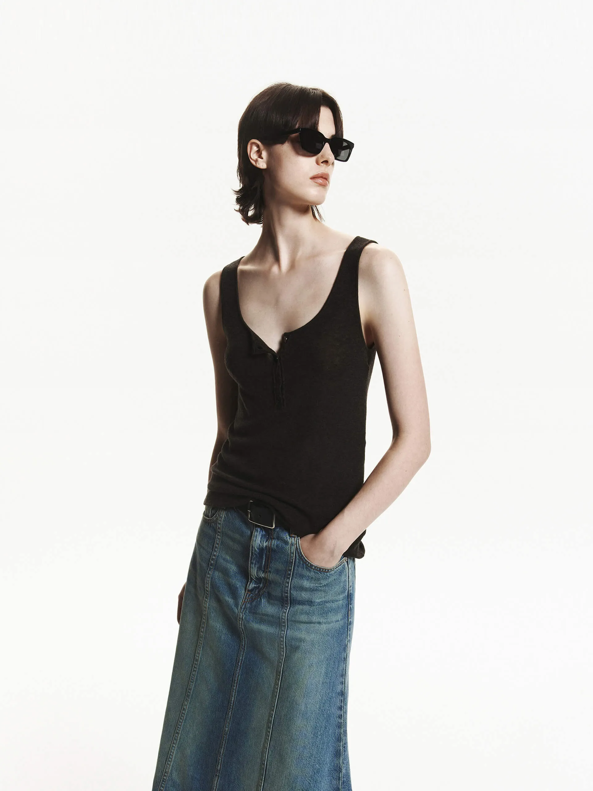 Half Button Wool Tank