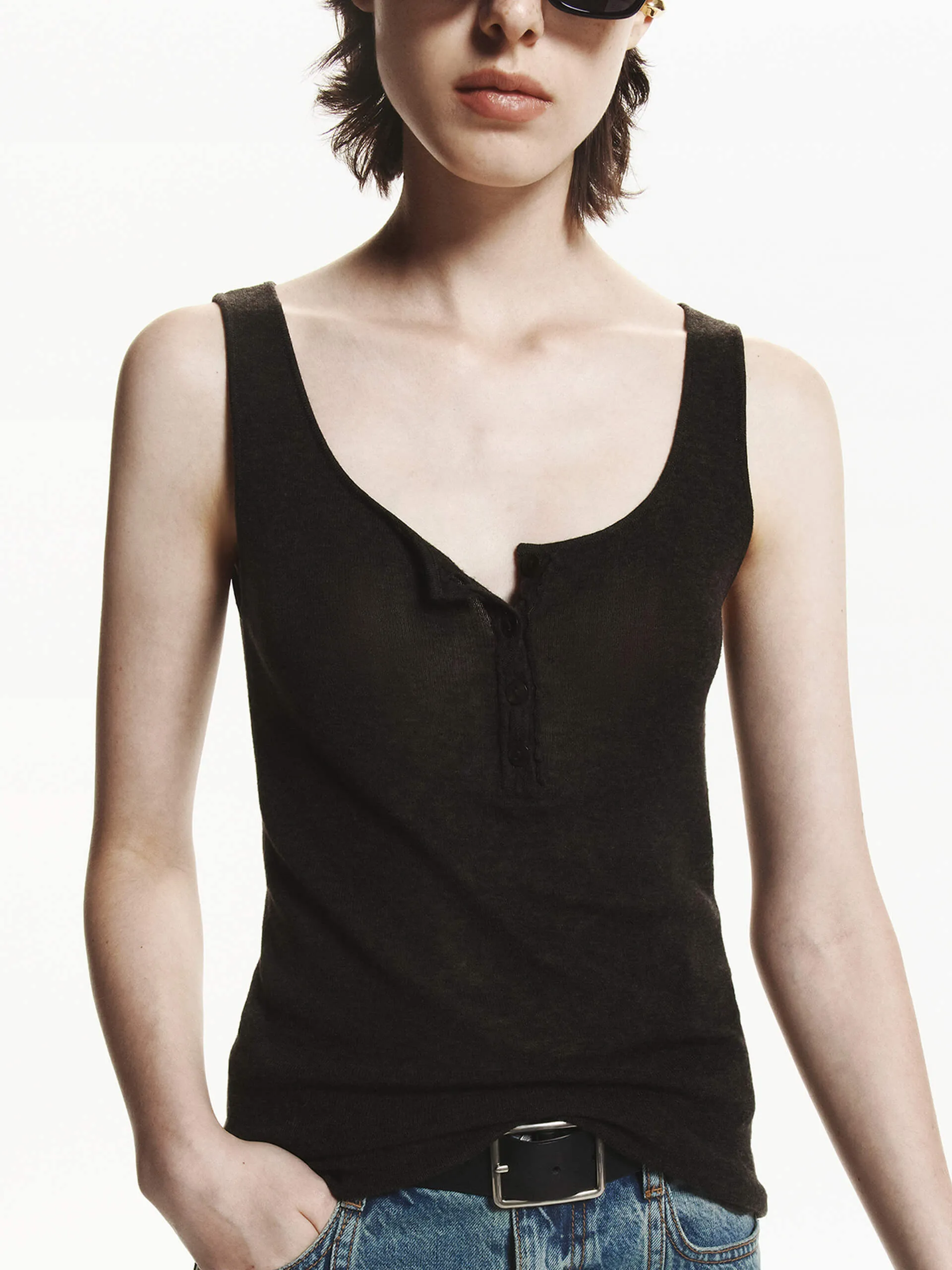 Half Button Wool Tank